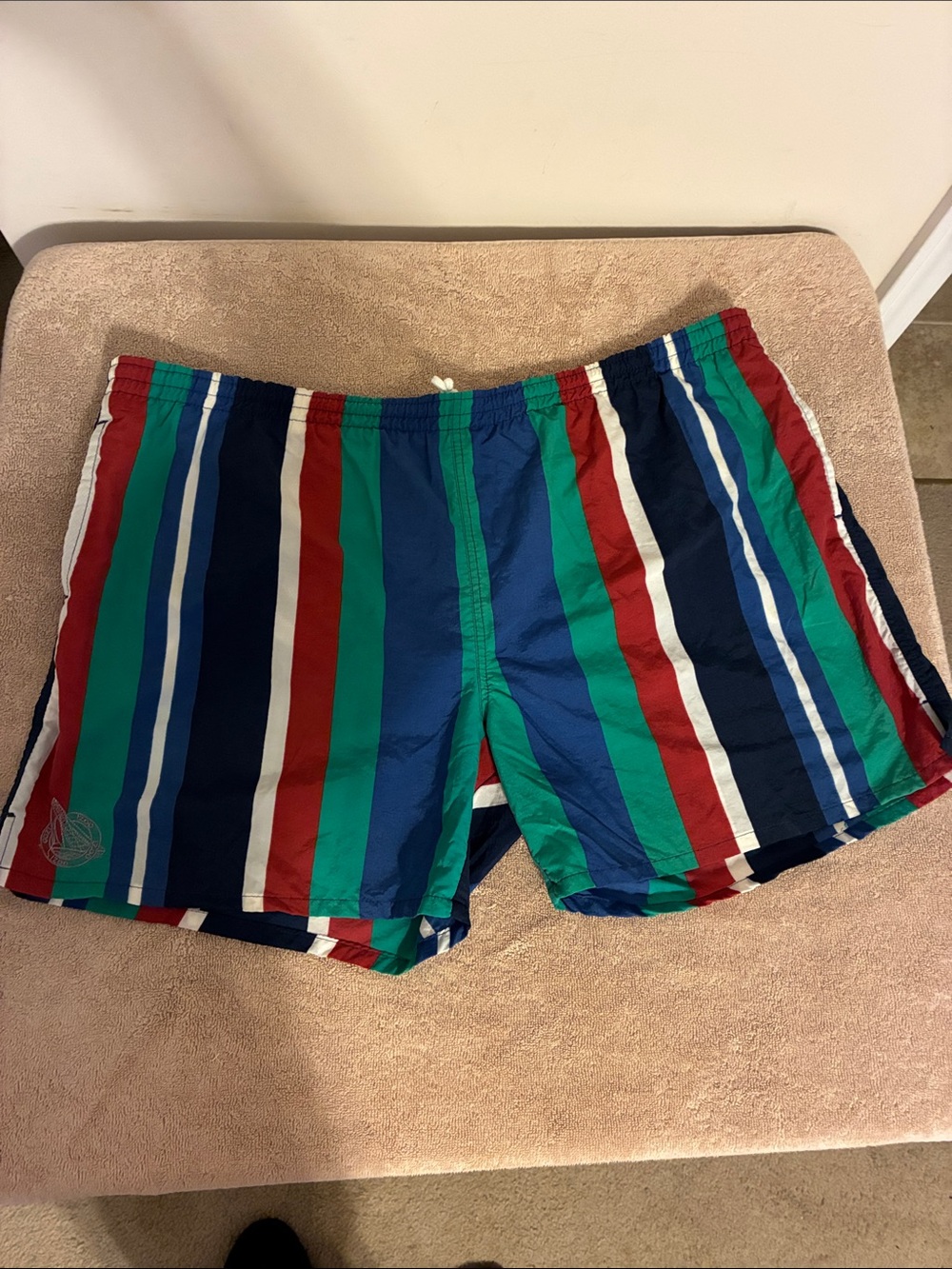 Izod Men's XL Multicolor Vertical-Stripe Swim Trunks — Blue, Green &‎ Red